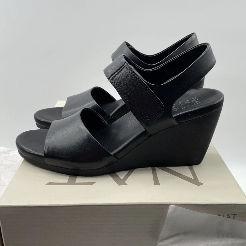 Naturalizer 27 Edit Ziv Black Leather Wedge Sandals Womens Slingback Strappy
